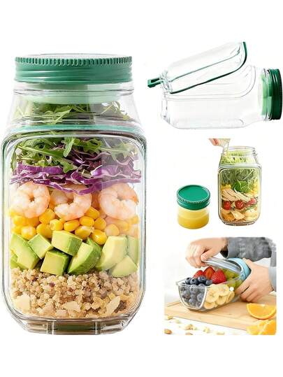 1pc 32oz Salad Mixing Bowl - Perfect For Lunch - Leak-Proof Plastic Food Prep Cup With Green Lid - Portable Fruit & Vegetable Storage Container For Office, Picnic And Travel - Transparent Cup Body