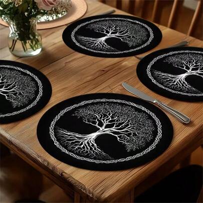 Set Of 4 Everyday Table Mats, Simple Abstract Vintage Style Placemats With Floral Accents. Black And White Color Placemats, Suitable For Party Dining, Furniture Decoration, Table Decoration. The Size Is 36*36 Cm, Suitable For Country Home Decoration, Pastoral Style, The Floor Mat Is Washable And The Material Is Durable. Very Suitable For Gift Giving