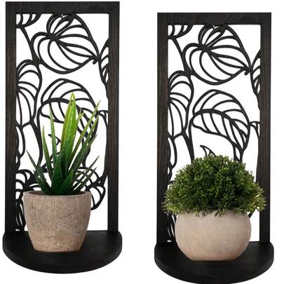 Bohemian Style Retro Floating Leaf Wall Decor Rack, Small Plant Shelf, Crystal Display Stand, Bohemian Wooden Floating Wall Shelf