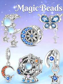 1 Mặt dây chuyền hình thiên thể bằng bạc Sterling 925, hình mặt trăng, sao, bướm, kính thiên văn ma thuật, mặt dây chuyền đính đá Zirconia xanh dương, phù hợp với vòng tay kiểu Châu Âu, quà tặng tự làm trang sức. - Nhiều màu - Xem 12