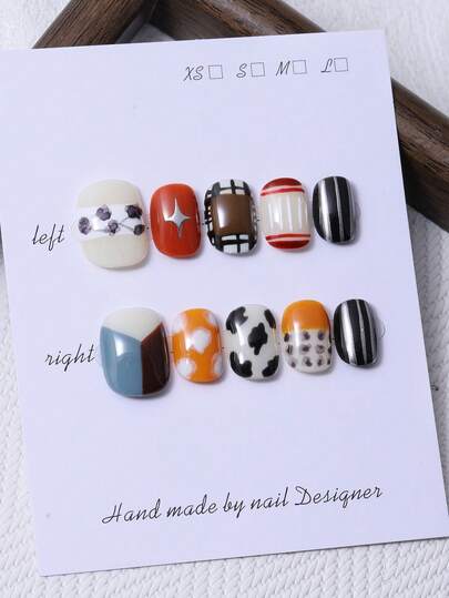 10pcs/Set Handmade Short Round Palm Pieces In Y2K Multi Color Style & Hand Drawn Lines Pattern & Handmade Four Pointed Star Cow Pattern Design For Nail Decoration. 1 Piece Of Jelly Gel And 1 Piece Of Nail File. Perfect For Wearing At Parties And Formal Occasions, Suitable For Press On Nails And Nail Care Products.