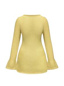 Women's Fashionable Cover-Up Dress, Long Sleeve Solid Color Short Bodycon Waist Sexy Mini Dress, Beach Resort Style Vacation Summer - Yellow - View 3