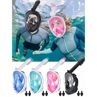 1 Set Full Face Snorkel Mask, Comes With 1 Pair Of Ear Plugs, Utilizes Latest Dry Top System, Foldable 180 Degree Panoramic Snorkel Mask With Camera Mount, Breathing, Anti-Leak And Anti-Fog Adult Snorkeling Gear, Beach Essentials, Beach Accessories, Pool Float