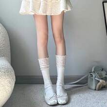 1 Pair Lace Trim Socks, Spring Cute Girl Mid-Calf Socks, JK Style Layered Contrast Lace Long Cotton Socks, Fashionable And Sweet - Multicolor - View 3