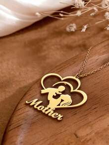 母亲节个性化项链 - 可定制姓名和亲吻吊坠，不锈钢复古心形设计，送给妈妈的完美礼物，耐用链条，母亲节复古吊坠 - 金色 - 查看 5