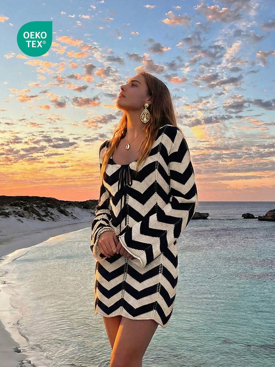 2026新款女士系带镂空性感显瘦沙滩度假波浪条纹长袖罩衫迷你连衣裙夏季 - 彩色 - 查看 1