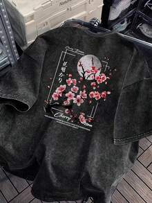 大尺碼女款水洗棉短袖T恤，花卉圖案，雙面印花，復古寬鬆版型，Y2K街頭風休閒夏季黑色 - 黑色 - 查看 6