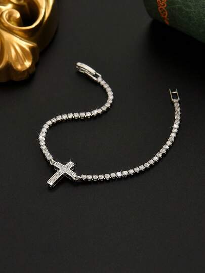 1件装奢华锆石十字架网球手链，精致珠宝，适合日常佩戴，锆石十字架网球手链，适合作为宗教节日礼物和优雅配饰