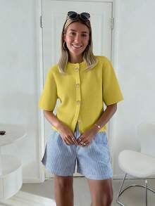 女士时尚法式柔软蜡感宽松针织开衫，女士宽松短款针织毛衣，春夏款 - 秋黃 - 查看 8