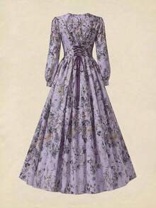 Vuslat 复古 V 领碎花长袖束腰连衣裙，乡村风格，适合春季郊游和度假，夏季连衣裙，外出，优雅连衣裙，女士度假装，休闲连衣裙，碎花连衣裙 - 紫色 - 查看 8