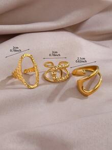 3件套不锈钢极简几何椭圆交错开口戒指，18K镀金戒指，适合女士日常及派对佩戴 - 金色 - 查看 4