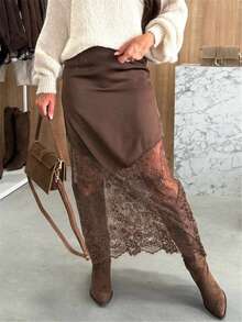 Women Satin Lace Trim Midi Skirt Polka Dot Print High Waist Long A-Line Skirts Vintage Silk Going Out Dress Y2k Streetwear Party Clubwear - 咖啡色 - 查看 1