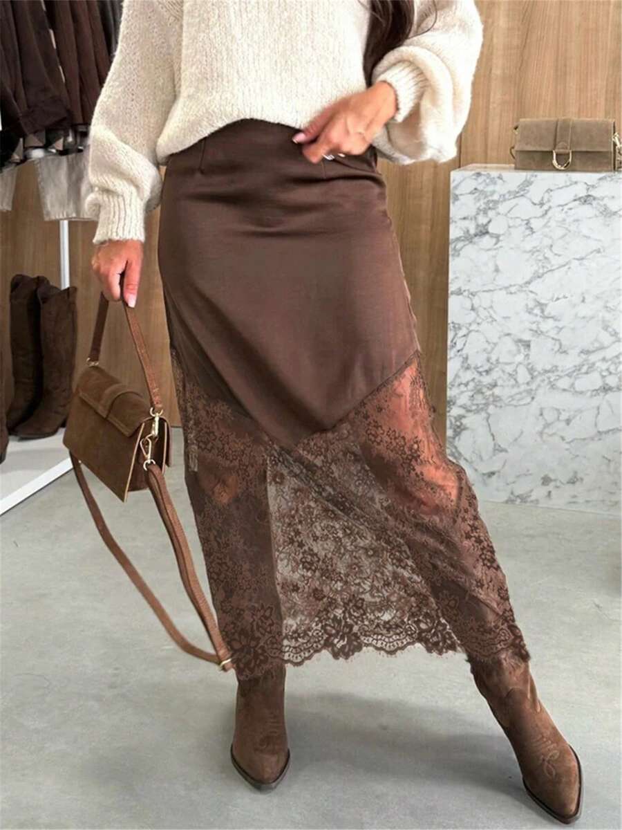 Women Satin Lace Trim Midi Skirt Polka Dot Print High Waist Long A-Line Skirts Vintage Silk Going Out Dress Y2k Streetwear Party Clubwear - 咖啡色 - 查看 1