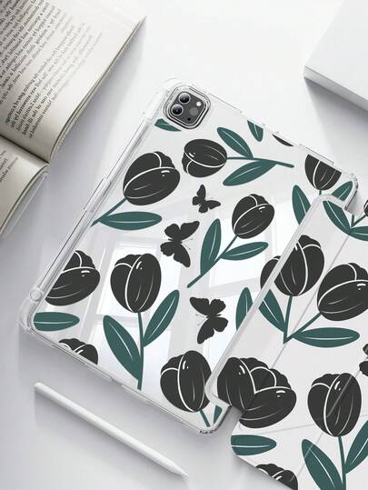 Ốp lưng hai mặt bằng acrylic trong suốt, tinh tế và dễ thương với họa tiết hoa tulip đen và bướm, chống sốc, phù hợp với iPad thế hệ thứ 7, 8, 10 (10.2 inch), tích hợp khe cắm bút cảm ứng, hỗ trợ chức năng bật/tắt màn hình, là lựa chọn quà tặng lý tưởng.