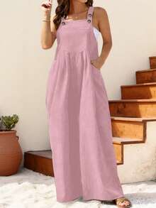 Plus Size Women's Sleeveless Wide Leg Jumpsuit With Pockets, Loose Casual Solid Color, Spring / Summer /Autumn,Valentine Day - 粉色 - 查看 2
