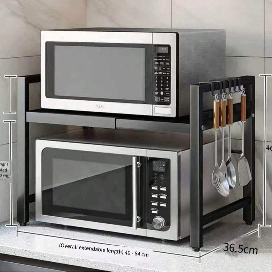 Giá đỡ lò vi sóng có thể kéo dài, kệ đựng đồ nhà bếp, giá đỡ lò nướng, giá đỡ nồi cơm điện hai tầng bằng nhôm đa chức năng dùng trong gia đình. - đen - Xem 1