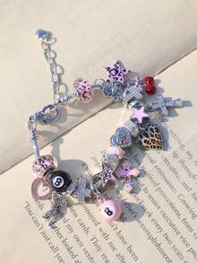 1pc Pink Leopard Print Cross Charm Bracelet, Pink Leopard Heart Bracelet, Pink 8 Ball DIY Bracelet, Leopard Leopard Bracelet, Cherry Cross Bracelet - Silver - View 5