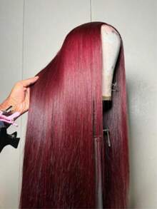 16英寸 180%密度 无胶佩戴式假发 真人发混纺 女士款 13x4蕾丝前假发 真人发混纺 180密度 骨直 巴西真人发混纺 高清蕾丝前假发 预先拔毛 带婴儿发边缘 直发蕾丝前假发 真人发混纺 99J 酒红色 - S99J/BUG - 查看 4