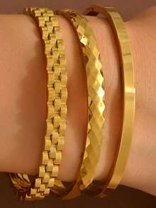 3件套不锈钢四叶草立方氧化锆手镯，简约闪亮手镯，适合日常佩戴，可混搭时尚首饰 - 金黃色 - 查看 1