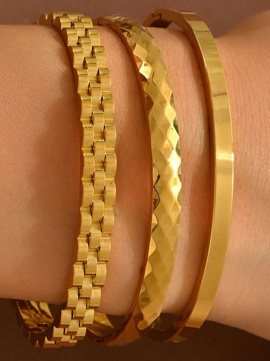 3件套不锈钢四叶草立方氧化锆手镯，简约闪亮手镯，适合日常佩戴，可混搭时尚首饰 - 金黃色 - 查看 1