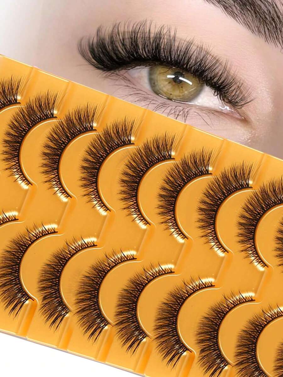 10 Pairs Natural Fluffy Thick False Eyelashes, 8D Long Lasting Lash Extensions, Foxy Eye Lifting Makeup, Lengthening & Volumizing Lash Strips; Cartoon Style Lashes, Cat Eye Lashes, Natural Lashes - View 1