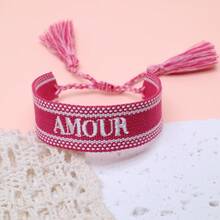 1条手工刺绣法式“AMOUR”创意编织复古风格手链，适合情侣佩戴，节日礼物 - 玫紅色 - 查看 2