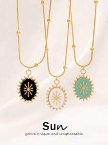 1pc Stainless Steel Enamel Sun Pendant Necklace, Women's Fashion Minimalist Pearl Chain Necklace - Necklace - View 1