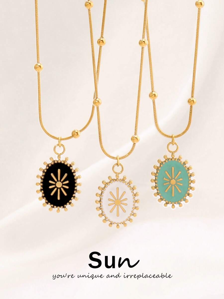 1pc Stainless Steel Enamel Sun Pendant Necklace, Women's Fashion Minimalist Pearl Chain Necklace - Necklace - View 1