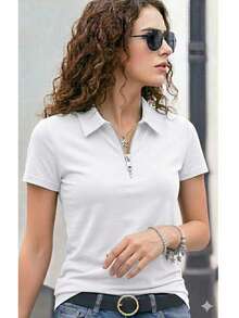 Women's Premium Polo Shirt With Zipper - White - View 3