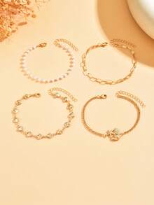 4pcs/Set Beach Vacation Style Golden Shell Handmade Chain, Versatile Faux Pearl Anklet With Alloy Starfish & Shell Decor, Suitable For Daily Wear And Holiday Travel, Chain Length Customizable - Multicolor - View 2
