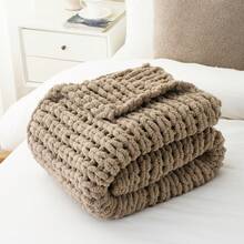 Beige Chunky Knit Throw Blanket For Couch,Handmade Cable Knit Crochet Blanket,Thick Chenille Throw Blankets For Sofa Bed Home Decor,50"X60" - 灰褐色 - 查看 10