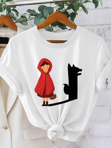 Camiseta casual de verano de manga corta con cuello redondo y estampado de Caperucita Roja y el Lobo, color blanco - Blanco - Ver 1