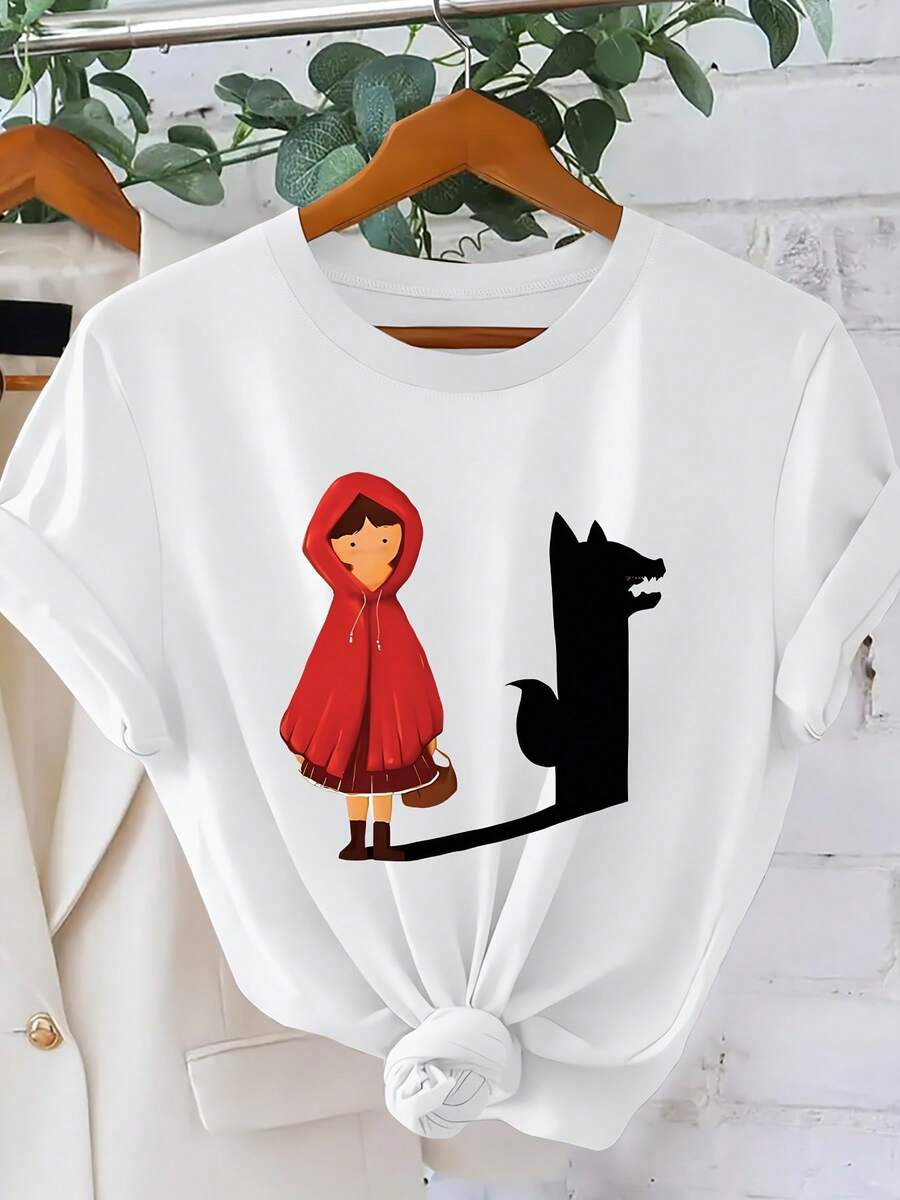 Camiseta casual de verano de manga corta con cuello redondo y estampado de Caperucita Roja y el Lobo, color blanco - Blanco - Ver 1