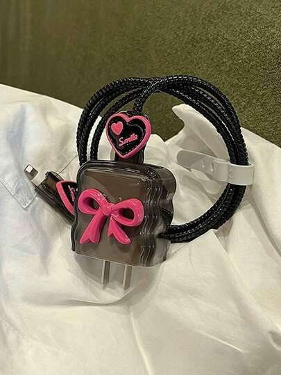 5件套透明酒红色蝴蝶结TPU保护壳，兼容苹果15W/20W充电器，适用于 14/13 Pro Max快充