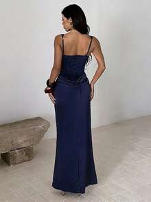 Solid Color Elegant Sexy Party Knit Fabric Pleated Backless Ruffle Hem Dress, Suitable For Formal Dinner, Vacation, Beach, Spring/Summer - Navy Blue - View 5