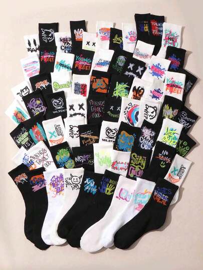 10 pares de meias infantis estilo streetwear, com estampas de desenhos animados, meias de cano médio macias, confortáveis e respiráveis, ideais para meninos e meninas usarem no dia a dia. Meias infantis com desenhos animados, meias infantis de cano médio, meias infantis para todas as estações.