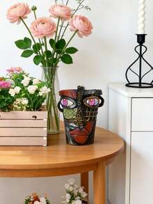 1pc Retro Contrast Color 3D Face Resin Vase, Creative Handpainted Art Flower Pot, Home Decor For Living Room, Dining Table, Balcony, Bedroom, Unique Gift For Artistic Friends, Suitable For Artificial/Fresh Flowers - B - View 5