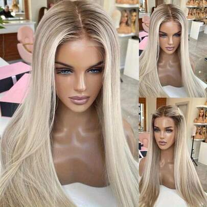 Elegant Blonde Ombre 13x4 Lace Front Wig Women's Straight Human Hair Wig For Women Daily Use Wig Transparent Lace Natural Dark Roots Comfortable And Breathable Fashionable Full Head Wig For All Women Luxurious Colored