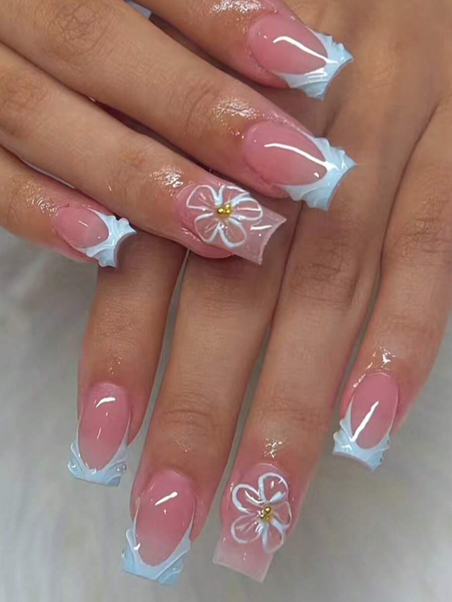 24pcs Short Square 3D Gel Nail Stickers, Pearl Decor Design, Light Blue French Acrylic Adhesive Nail Stickers, Perfectly Fit Short Nails, Set Includes 1 Gel Polish And 1 Nail File - Baby Blue - View 1