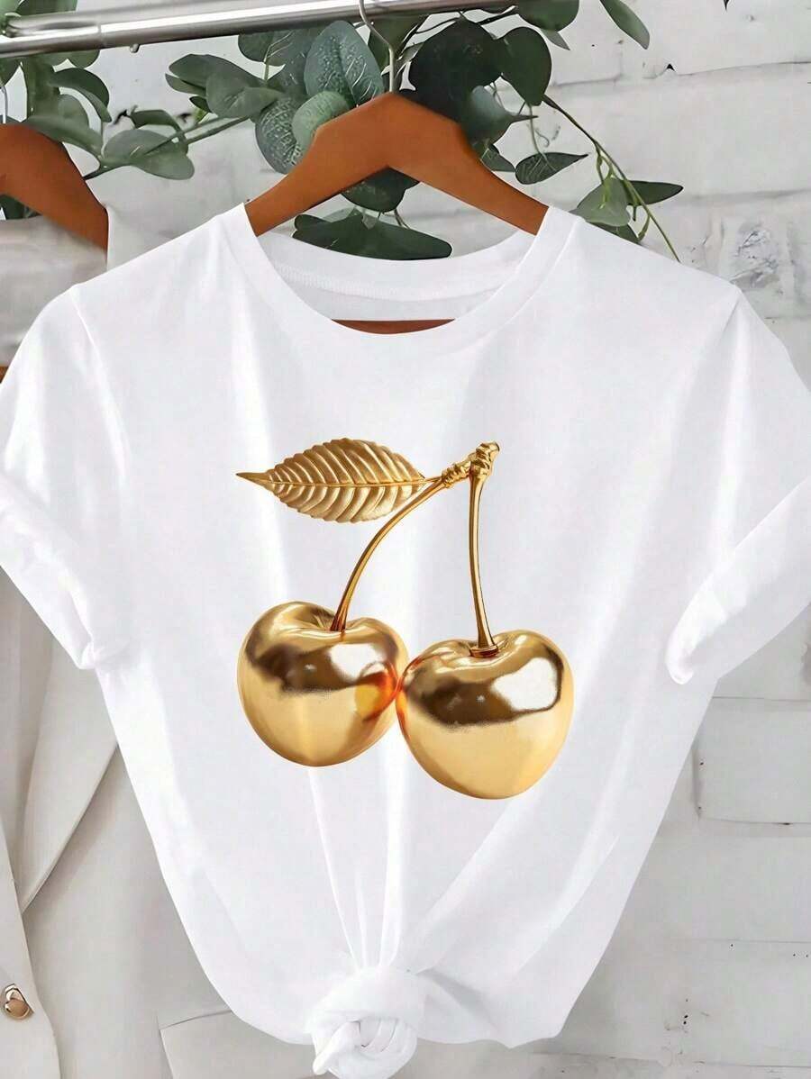 Camiseta de mujer, camiseta de manga corta con gráfico de estilo casual de calle, top de verano lindo - Blanco - Ver 1