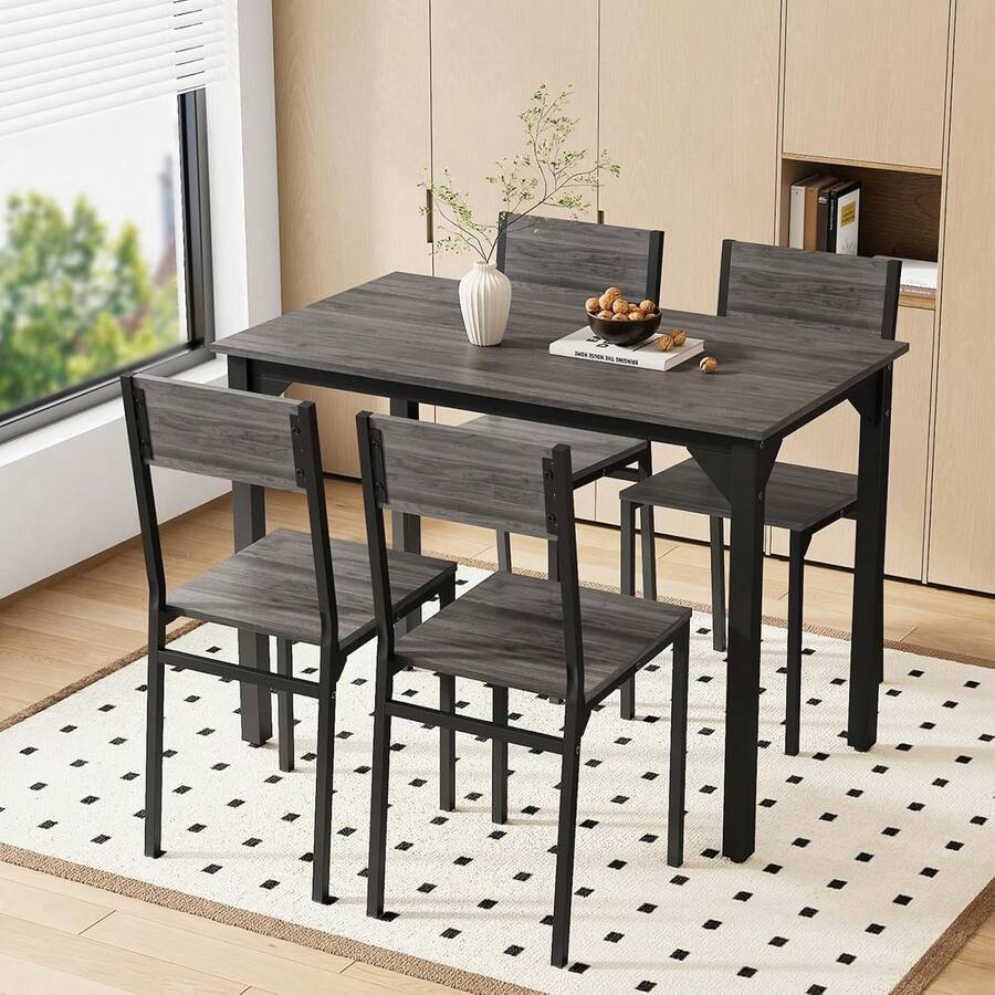 Dining Table And Chairs Set 4, Kitchen Table With 4 Chairs Dining Furniture Set Modern Rectangular Metal Frame - Grey - View 1