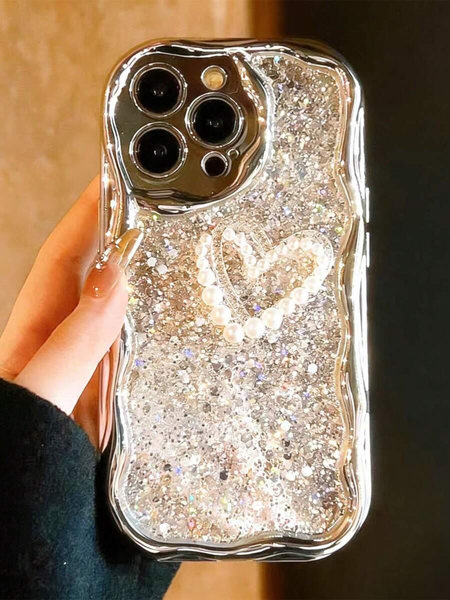 Suitable Compatible With Apple 16ProMax Mobile Phone CaseApple 15 Advanced Shiny Sequin 14 Light Luxury Pearl Chain - Silver - View 1