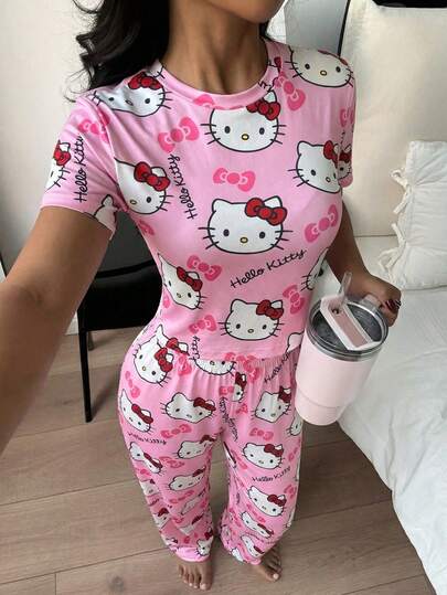 SANRIO 两件套 Hello Kitty 图案女士睡衣套装，柔软短袖上衣和长裤，舒适休闲家居服，四季皆宜
