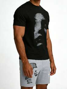 Men's Sleepwear Set, Abstract Print Short Sleeve Shorts, Dark Deconstructed Artistic Style, Summer Home Outfit - Multicolor - View 3