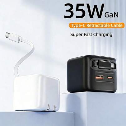 35W可伸缩USB-C充电器，支持PD快充，壁挂式设计，配备可伸缩Type-C线缆和双端口，便携设计，插头可折叠，兼容 17 Pro Max/17 Pro/17/Air/16/15、Pixel系列设备