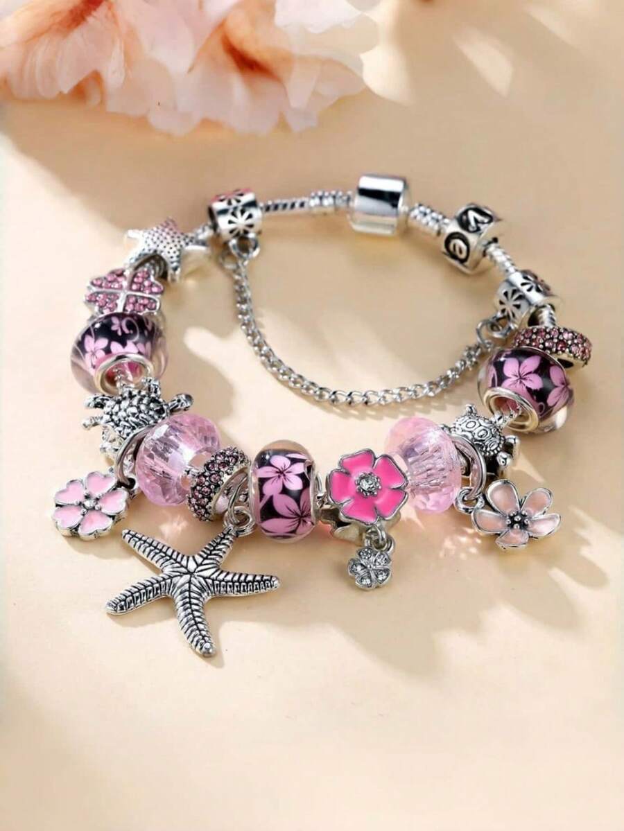 1 chiếc vòng tay tự làm trang sức thời trang và đa năng dành cho nữ, kiểu dáng vintage mới với mặt dây chuyền hình sao biển, hoa, rùa biển, cỏ bốn lá đính pha lê - Trang sức quyến rũ sang trọng dành cho nữ, phù hợp cho cả đeo hàng ngày và dự tiệc. - Nhiều màu - Xem 1
