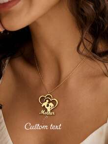 母亲节个性化项链 - 可定制姓名和亲吻吊坠，不锈钢复古心形设计，送给妈妈的完美礼物，耐用链条，母亲节复古吊坠 - 金色 - 查看 2