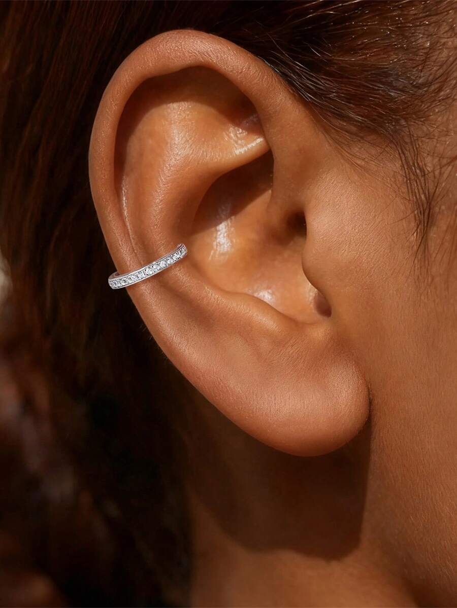 1Pc Semicircular Ring 925 Sterling Silver Moissanite Ear Clip 18K Gold Plated For Women Daily Wear Party Anniversary Valentine's Day Wedding Bridal Jewelry - Silver - View 1