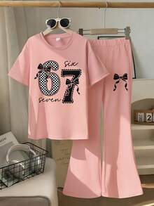 少女可爱美学两件套，67号蝴蝶结印花，配套T恤和喇叭裤，适合朋友聚会、休闲放松、日常休闲穿着 - 粉色 - 查看 2