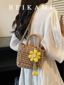 BEIKAMU New Khaki Woven Mesh Bag, Floral Decor Drawstring Tote Basket Bag, Handheld & Crossbody Versatile Beach Bag For Women - Khaki - View 5